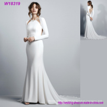 Luxo nupcial venda quente branco vestidos de casamento de manga longa sem cetim de cetim sereia tribunal vestido de noiva vestido feito sob encomenda